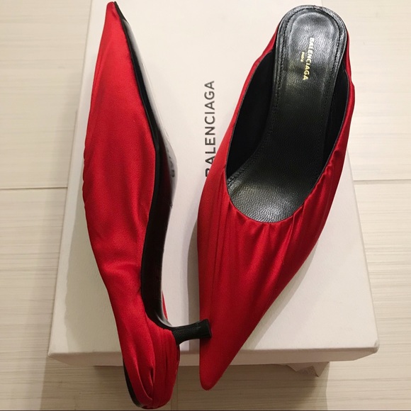 balenciaga square toe leather mules red